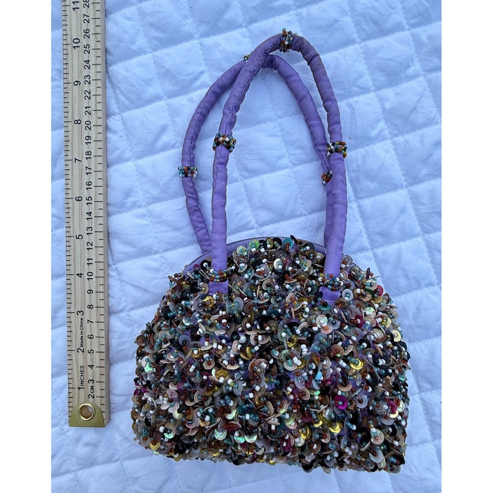 Kitschy Artsty Purple Beaded Sequin Mini Handbag Multi Color Embellished Purse - Picture 10 of 16
